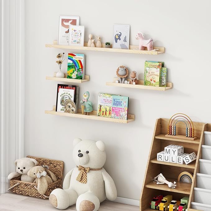 Picture Ledge Shelf for Wall, 48 inches Solid Pine Wood Nursery Book Shelves 3 Packs, Floating Ledge Shelves for Kids' Room B