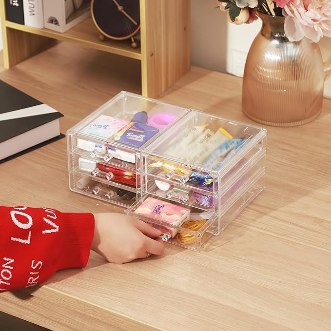 Cq acrylic 1 Pack Clear Acrylic Drawer Organizer Countertop,Stackable 6 Drawers Makeup Storage,Cute Cube Make Up Organizer fo