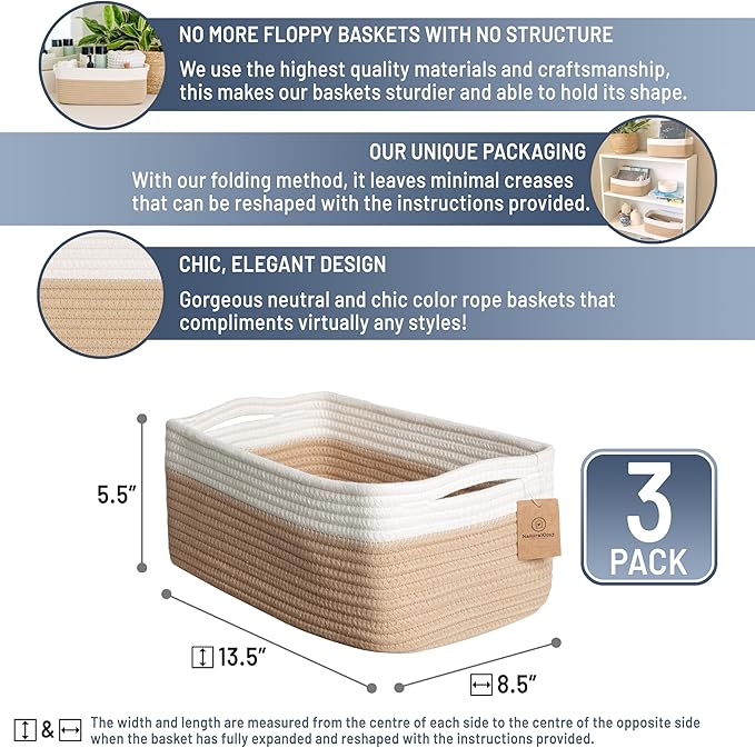 NaturalCozy 13.5”x8.5”x5.5” Storage Baskets for Shelves 3 Pack | Cotton Rope Woven Small Baskets for Organizing | Small Stora