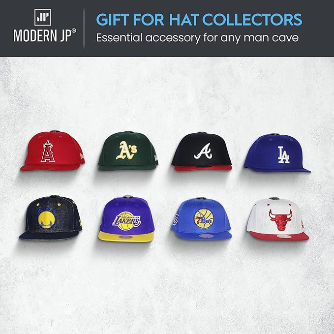 Modern JP Adhesive Hat Hooks for Wall (16-Pack) - Hat Rack for Baseball Caps, Minimalist Hat Display, Strong Hold Hat Hangers