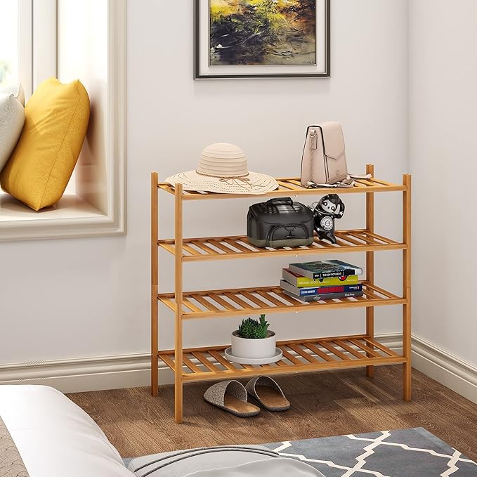 BMOSU 4-Tier Bamboo Shoe Rack Premium Stackable Shoe Shelf Storage Organizer for Hallway Closet Living Room Entryway Organize