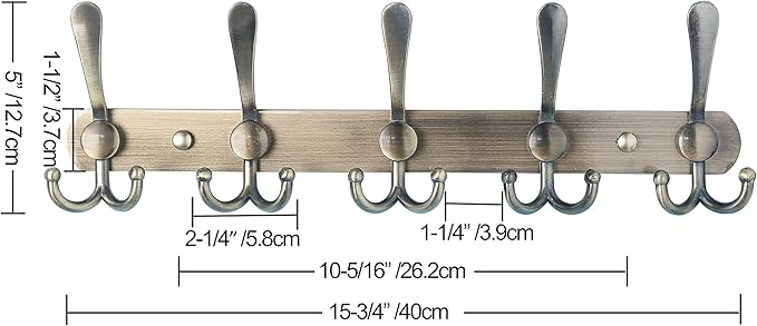 Dseap Coat Rack Wall Mounted - 5 Tri Hooks, Heavy Duty, Stainless Steel, Metal Coat Hook Rail for Coat Hat Towel Purse Robes 