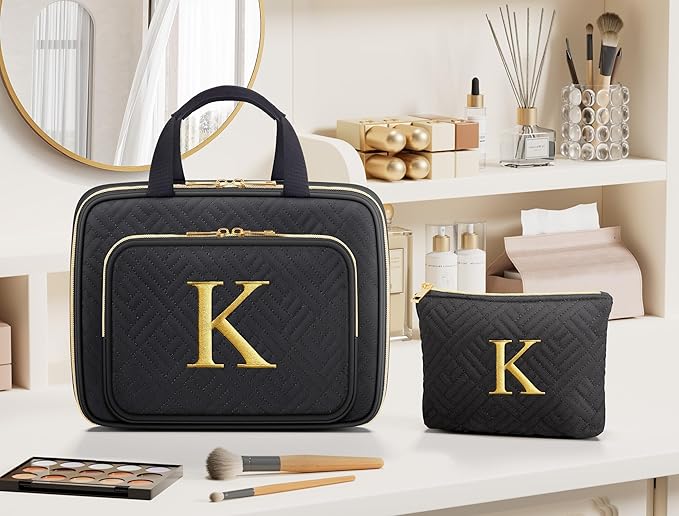 Gifts for Women, Initial Toiletry Makeup Bag Hanging Cosmetic Organizer with Embroidery Letter Personalized Nurse Teacher App