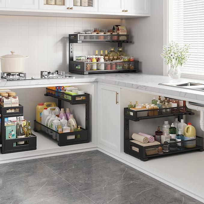 1 Pack 19IN Depth Under Sink Storage Organizer, Large 2-Tier Elegant Mesh Pull Out Shelf for Kitchen and Bathroom Cabinet Org