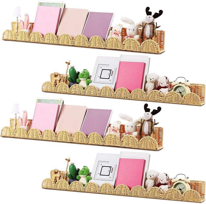Pinkunn 4 Pcs Nursery Book Shelves 35.4 Inch Rattan Scalloped Floating Bookshelves Wicker Boho Book Shelf for Wall Mounted De