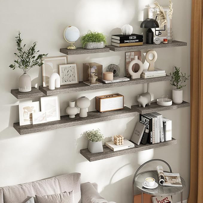 36 Inch Floating Shelves for Wall Set of 2, 8"D Wood Grain Bathroom Shelves with Invisible Brackets, Easy Install Engineered 