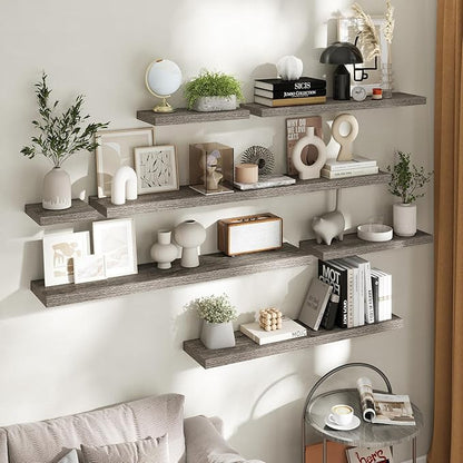 36 Inch Floating Shelves for Wall Set of 2, 8"D Wood Grain Bathroom Shelves with Invisible Brackets, Easy Install Engineered 