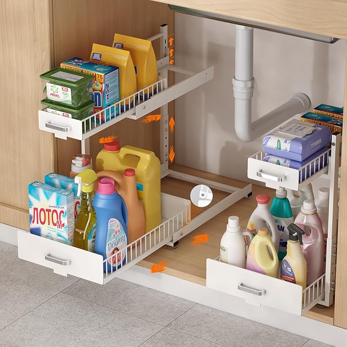 Under Sink Organizer,2 Tier Slide Out Kitchen Cabinet Organizers with Pulley,Under Bathroom Sink Pull Out Organizer with Mult