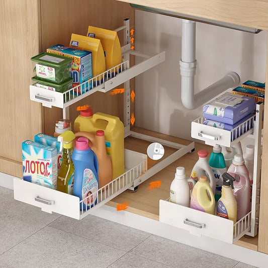 Under Sink Organizer,2 Tier Slide Out Kitchen Cabinet Organizers with Pulley,Under Bathroom Sink Pull Out Organizer with Mult