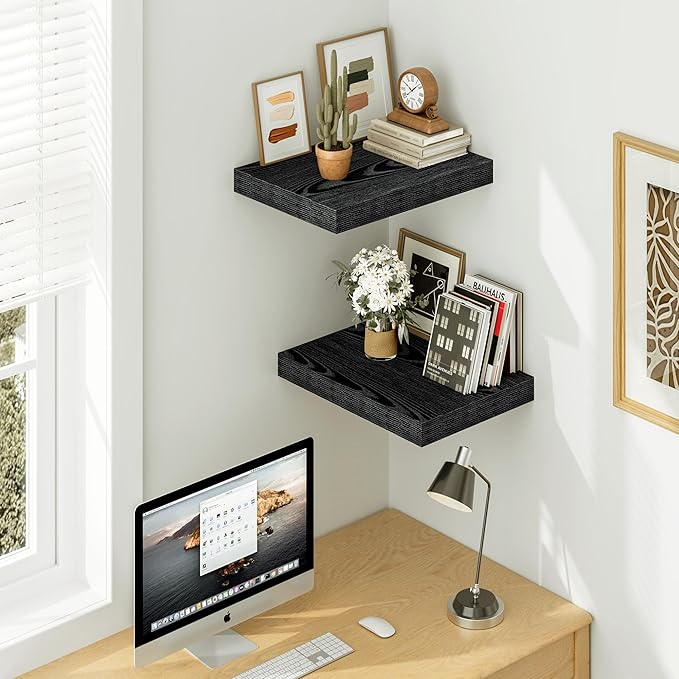 Vivelove Black Floating Shelves 16 Inches Wide, 12" Deep Wall Shelves for Bedroom, Bathroom, Living Room, Kitchen, Office, Ru