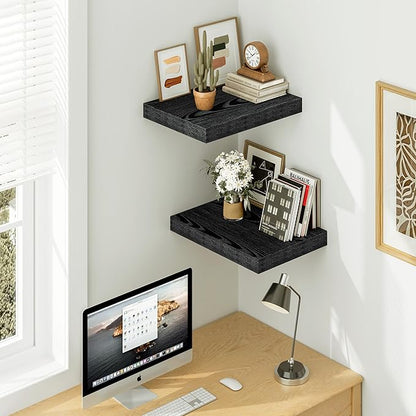 Vivelove Black Floating Shelves 16 Inches Wide, 12" Deep Wall Shelves for Bedroom, Bathroom, Living Room, Kitchen, Office, Ru