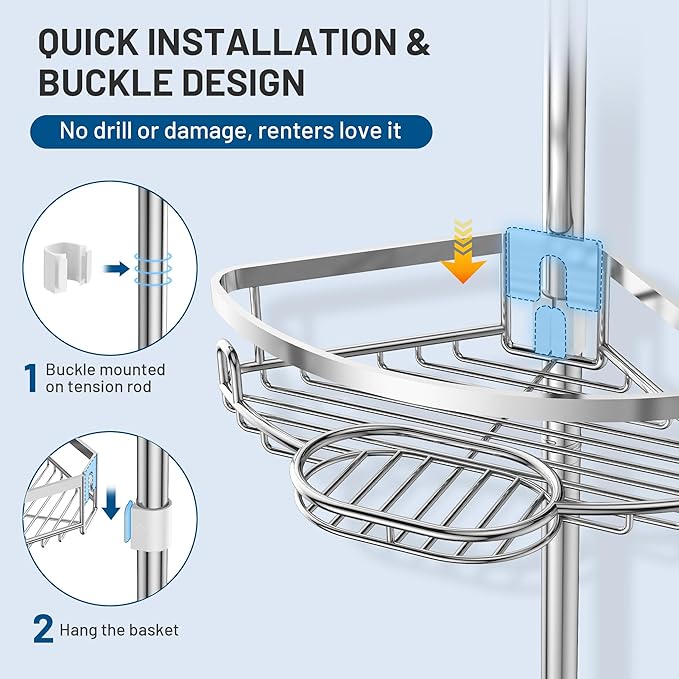 Corner Shower Caddy Tension Pole, 4 Tier Adjustable No Drill Rustproof Large Capacity Space-Saving Shower Shelves Organizer S