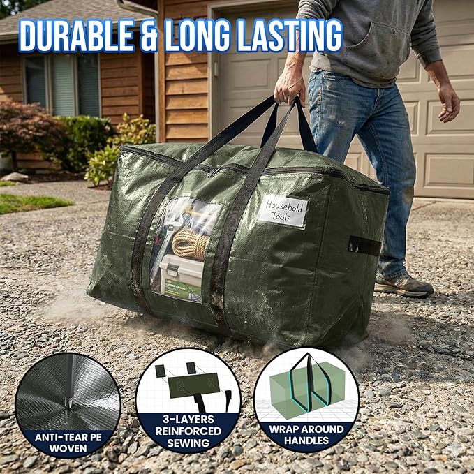 TAILI 12 Pack Green Extra Large Storage Bags, Heavy Duty Totes with Visible Window, Wrap Around Handles, Perfect for Moving a