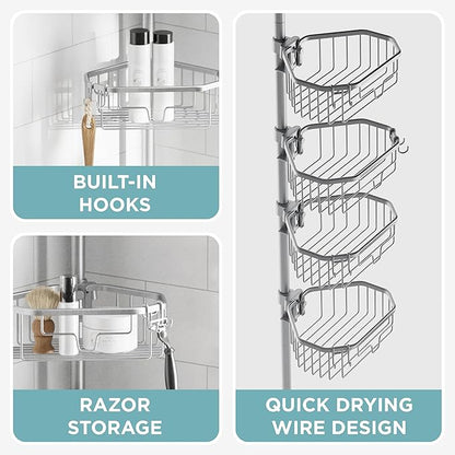 Zenna Home Tension Pole Shower Caddy Corner Organizer, Adjustable Standing Shower Caddy with 4 Shelves, Rustproof Bathroom Te