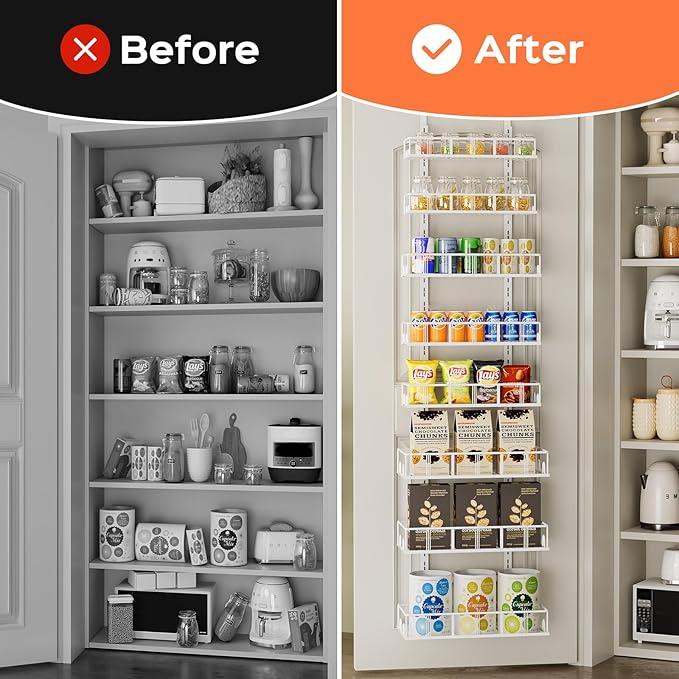 Bunoxea White 8-Tier Over The Door Pantry Organizer, Pantry Organization And Storage, Metal Hanging Spice Rack Shelves Door, 