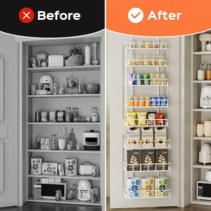 Bunoxea White 8-Tier Over The Door Pantry Organizer, Pantry Organization And Storage, Metal Hanging Spice Rack Shelves Door, 