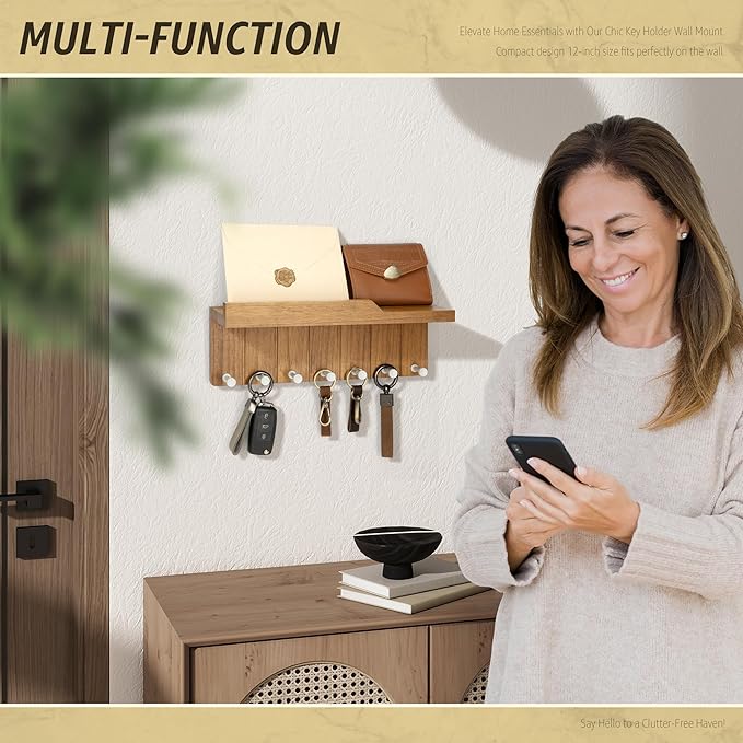 Rebee Vision Decorative Key Holder Wall Mount - Modern Farmhouse Key and Mail Holder for Wall with 7 Hooks and Floating Shelf