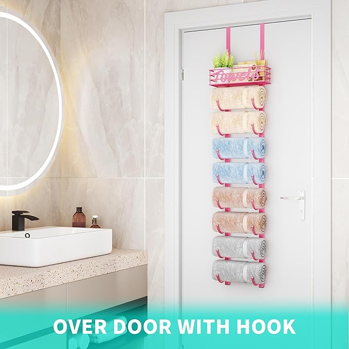 HapiRm Towel Racks for Bathroom Storage - 9 Tier Over The Door & Wall Mount Rolled Towel Storage Organizer Holder with Metal 