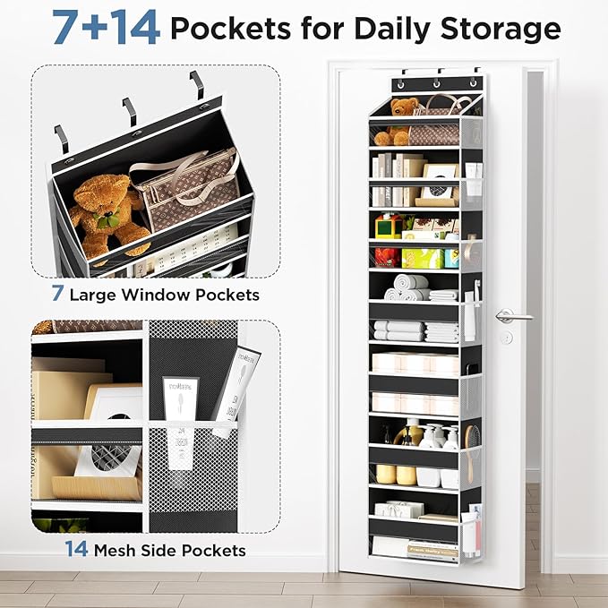 Mefirt Over The Door Organizer, 7 Tier Door Hanging Organizers with 7 Large Pockets 12 Side Pockets, Behind Door Storage Hang