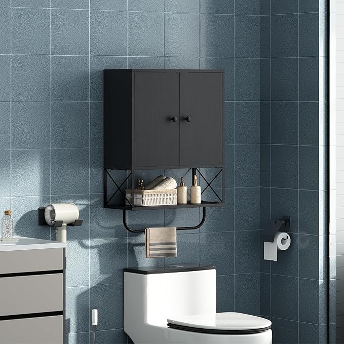 MAHANCRIS Bathroom Wall Cabinet with 2 Door and Adjustable Shelf, Farmhouse Medicine Cabinet with Towel Rack, 3-Tier Wall Mou