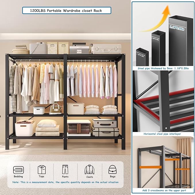 Heavy Duty Covered Clothes Rack with Magnetic Door Foldable Portable Wardrobe Closet for Hanging Clothing Rolling Black Metal