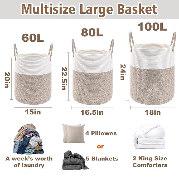 JMvicyroam Large Woven Laundry Basket Hamper,60L Cotton Rope Storage Bin for Blankets,Toys and Clothes,Decorative Tall Nurser
