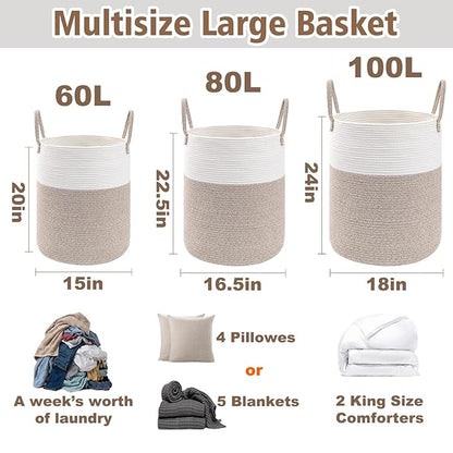 JMvicyroam Large Woven Laundry Basket Hamper,60L Cotton Rope Storage Bin for Blankets,Toys and Clothes,Decorative Tall Nurser