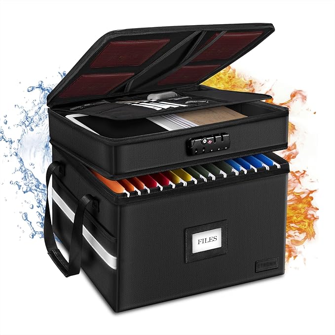 ETRONIK Fireproof Document Box with Lock, 2 Layer File Cabinet Organizer with 5 Tab Inserts, Portable Office Collapsible File