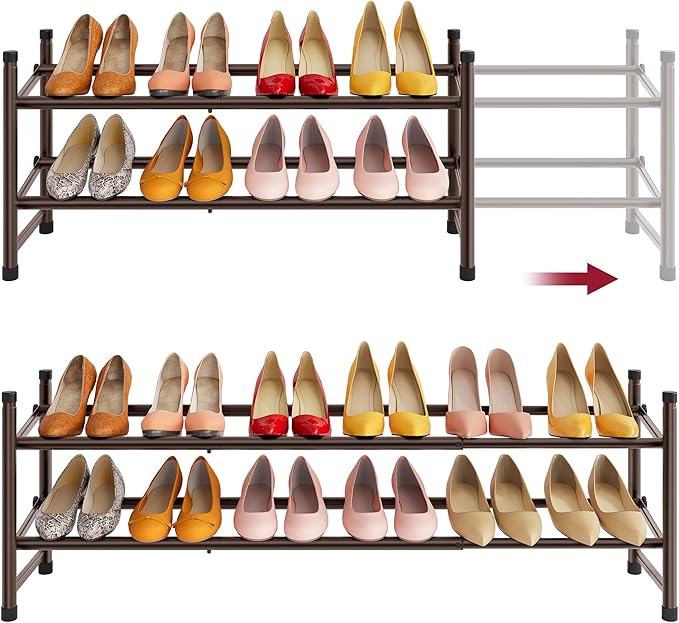 Tajsoon 2 Tier Expandable Shoe Rack for Closet, 28“-41“Adjustable & Stackable Shoe Shelf Storage, Metal Shoe Rack Organizer f