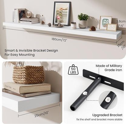 Fun Memories 72 Inch Fireplace Mantel Shelf, 10 Inch Deep Shelves for Display & Wall Storage, Rustic Wood Wall Shelf, Extra L