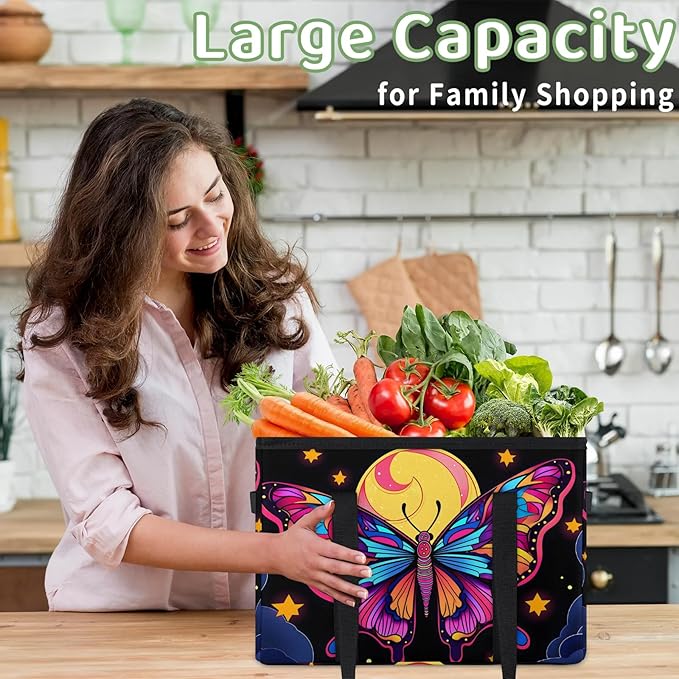 Reusable Grocery Bags Heavy Duty Shopping Bags Foldable Large Tote Bags with Long Handles & Hard Bottom