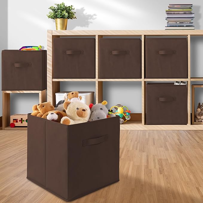 Casafield Set of 6 Collapsible Fabric Cube Storage Bins, Brown - 13" Foldable Cloth Baskets for Shelves, Cubby Organizers & M