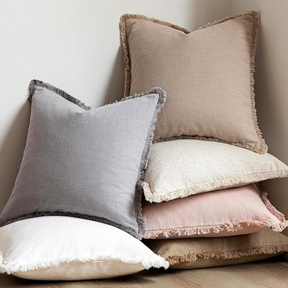 Foindtower Set of 2 Decorative Linen Fringe Lumbar Throw Pillow Covers Boho Farmhouse Cushion Cover with Tassels Soft Accent 