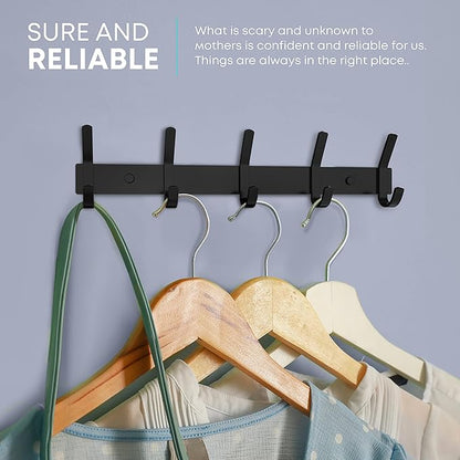 Matte Black Coat Rack Wall Mount – 15 Inch Stainless Steel Hook Rail with 5 Double Coat Hooks – Wall Mounted Entryway Organiz