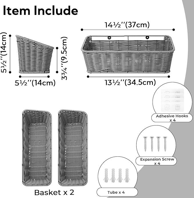 GRANNY SAYS Wicker Hanging Basket, 2 Pack Storage Baskets for Cabinet, Wall Mount Fruit Basket for Kitchen, Adhesive Bathroom