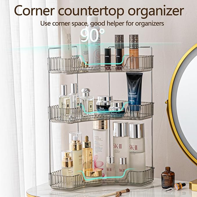 shuang qing 3-Tier Corner Bathroom Counter Organizer – Classic Storage Shelf for Makeup, Perfume & Toiletries, Space-Saving C