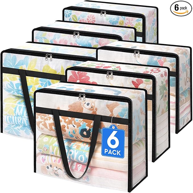 TasticTotes 6 Pack Clear Storage Bags for Comforter, Clothes & Bedding, Plastic Blanket Storage with Zipper and Handle, Movin