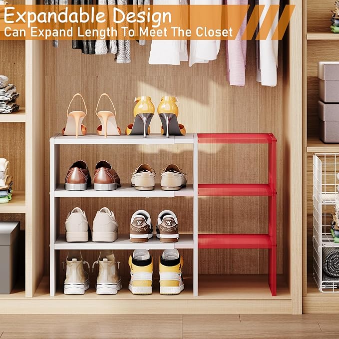3-Tier Expandable White Shoe Rack Organizer for Closet, Stackable Shoe Racks Storage Shelf, Small Metal Wood Combination Shoe