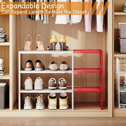 3-Tier Expandable White Shoe Rack Organizer for Closet, Stackable Shoe Racks Storage Shelf, Small Metal Wood Combination Shoe