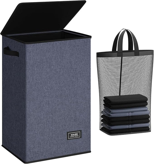 SOLEDI Laundry Hamper with Lid 90L Large & Tall Collapsible Laundry Basket, Clothes Hamper with Bag Removable Easy to Carry, 