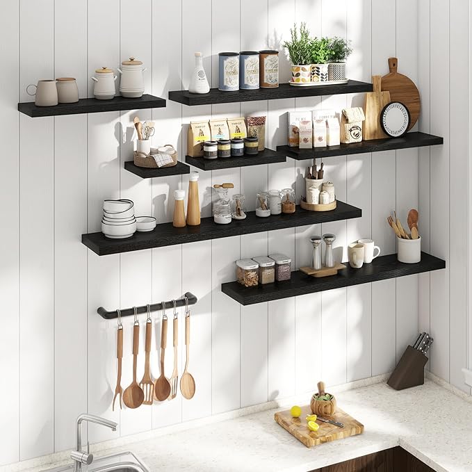 16 Inch Floating Shelves for Wall Set of 2, 8"D Wood Grain Bathroom Shelves with Invisible Brackets, Easy Install Engineered 