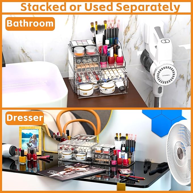 Cq acrylic Clear Make up Organizers for Vanity,Skincare Organizer With 5 Drawers for Dresser,Plastic Cute Desk Accessories Or