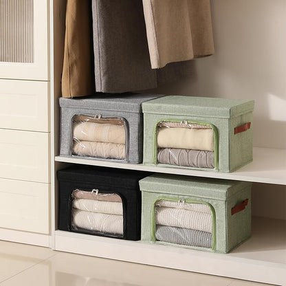 2PCS Large Storage Bins Boxes with Lids Clear Window Zipper Closure Decorative Cotton Linen Fabric Baskets with PU Leather Ha