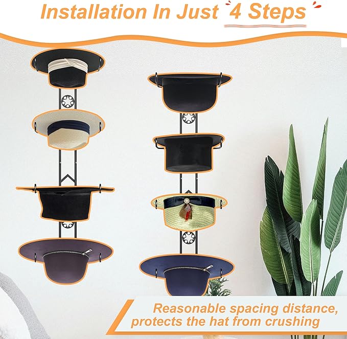 4 Pieces Cowboy Hat Organizer Hangers for Wall, Western Hat Rack Wall Mounted with Decorative Star, Metal Cowboy Hat Holder f