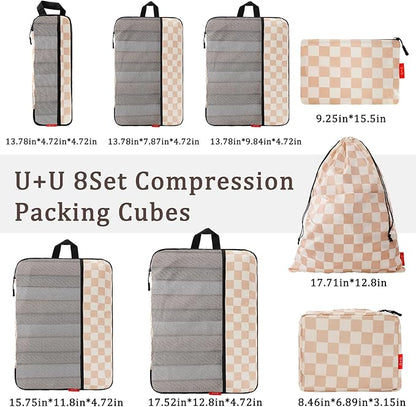U+U 8 Set Compression Packing Cubes - Ultralight Travel Organizers with Laundry Bag and Cosmetic Bag, Space-Saving Suitcase O