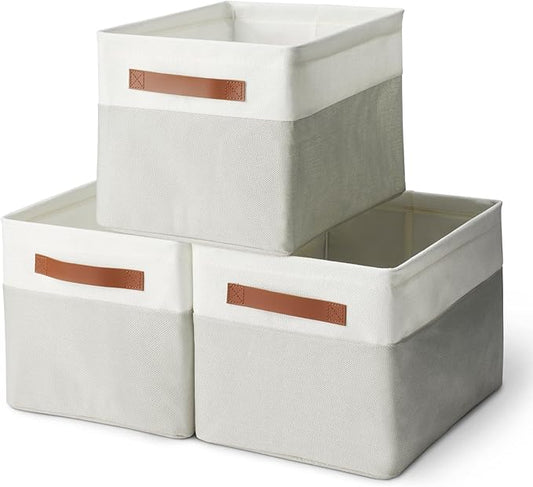 Amazon Basics Collapsible Storage Bins with Faux Leather Handles, Foldable Organizing Containers for Closet, Clothes, Toys, L