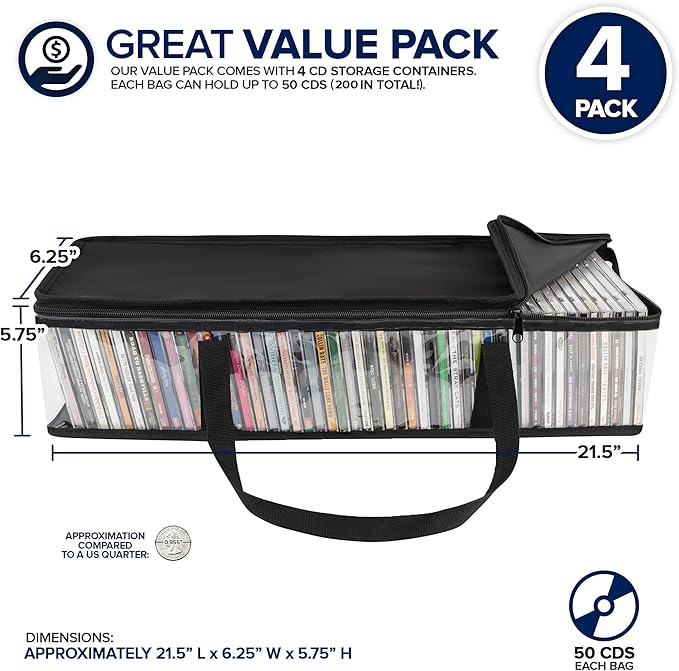 Stock Your Home CD Storage Bags (4 Pack) - Transparent PVC Media Storage - Water Resistant CD Holder Case with Handles - Clear Plastic Carrying Game Bag Storage for CDs, Albums, Video Games, Books
