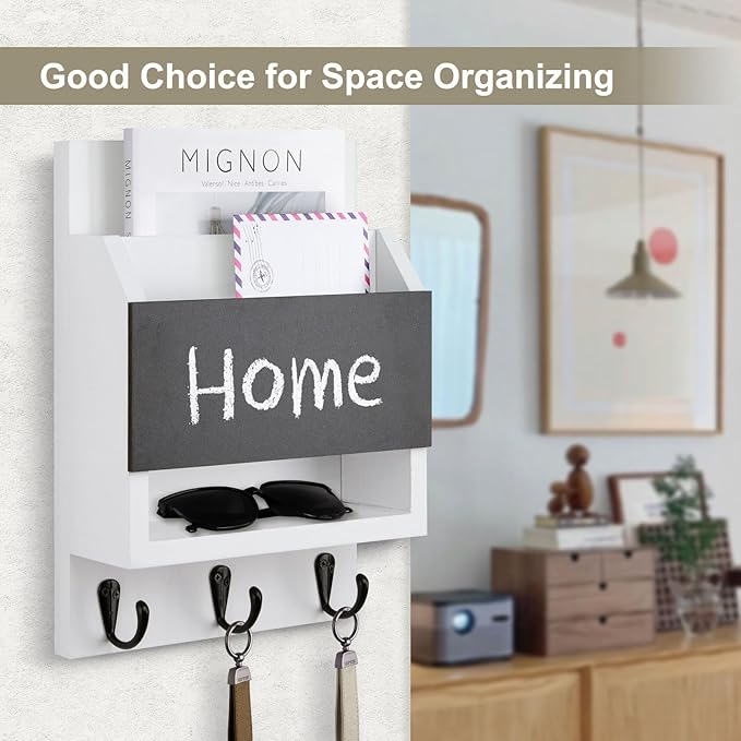 Key and Mail Holder for Wall, Key Holder with Chalkboard and Long Storage Box, Key Hanger with 3 Sturdy Hooks for Coat, Dog L