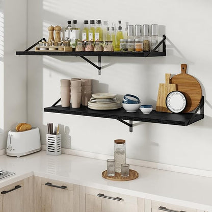 Floating Shelves, 12 Inch Deep Rustic Wood Wall Storage, 48W x 12D Wall Shelves Set of 2, Heavy Duty Metal Brackets, Large In