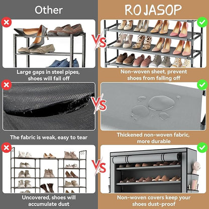 ROJASOP Shoe Rack with Covers, Stackable 10 Tier Tall Shoe Shelf Storage 50-55 Pairs Shoes and Boots Large Capacity Vertical 